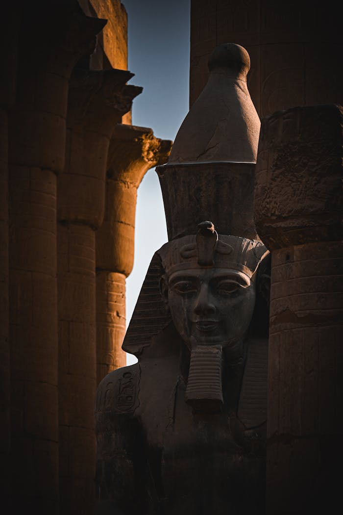The Art of Drawing Readers In: Your attractive post title goes here Dramatic shadow over an ancient Egyptian statue at Luxor Temple during sunset.